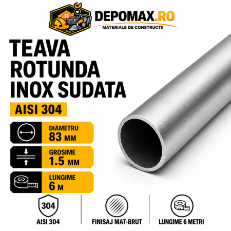 Teava rotunda inox sudata AISI 304, 83 x 1.5 mm, 6 metri